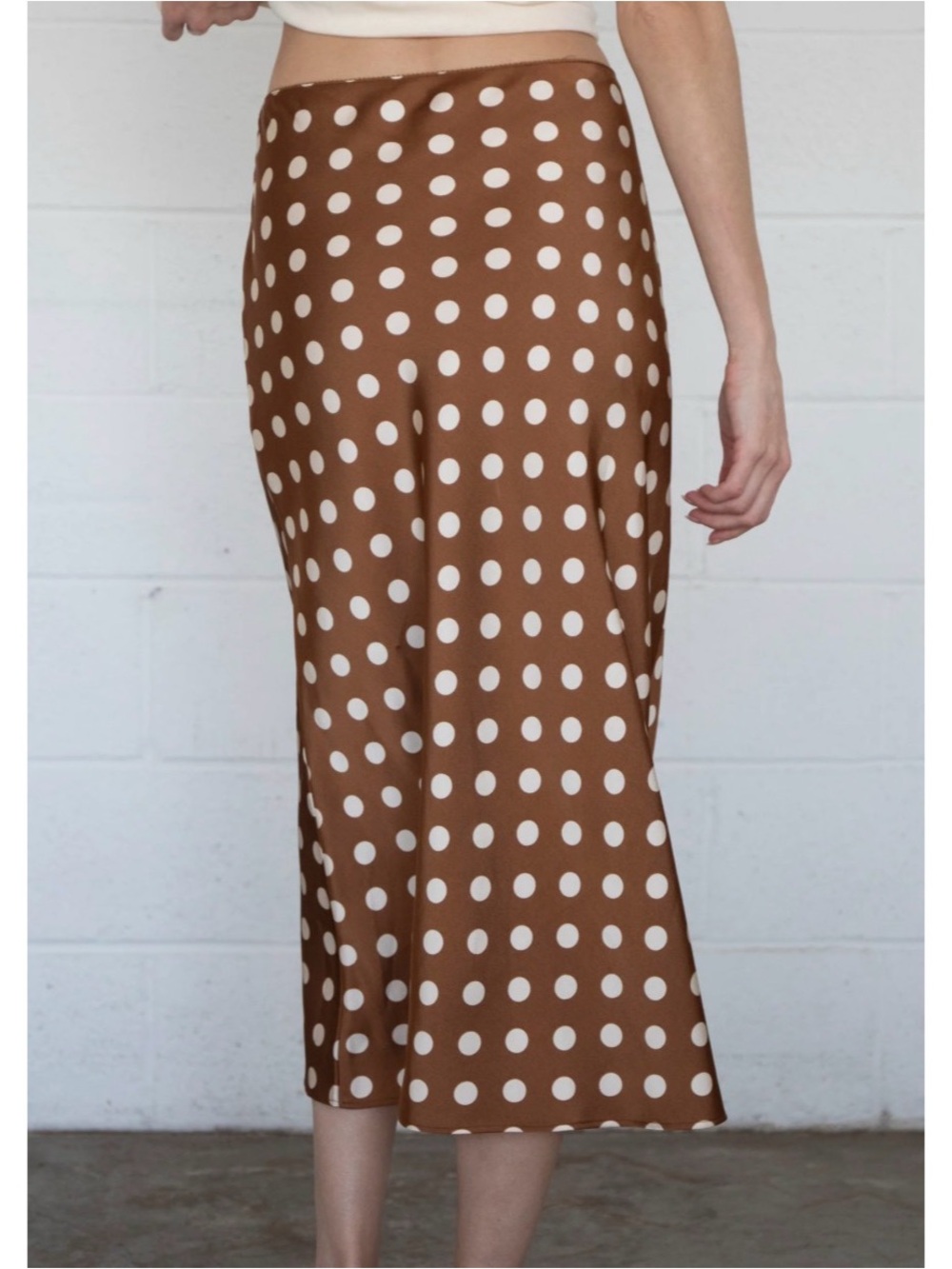 Brown Polka Dot Satin Midi Skirt